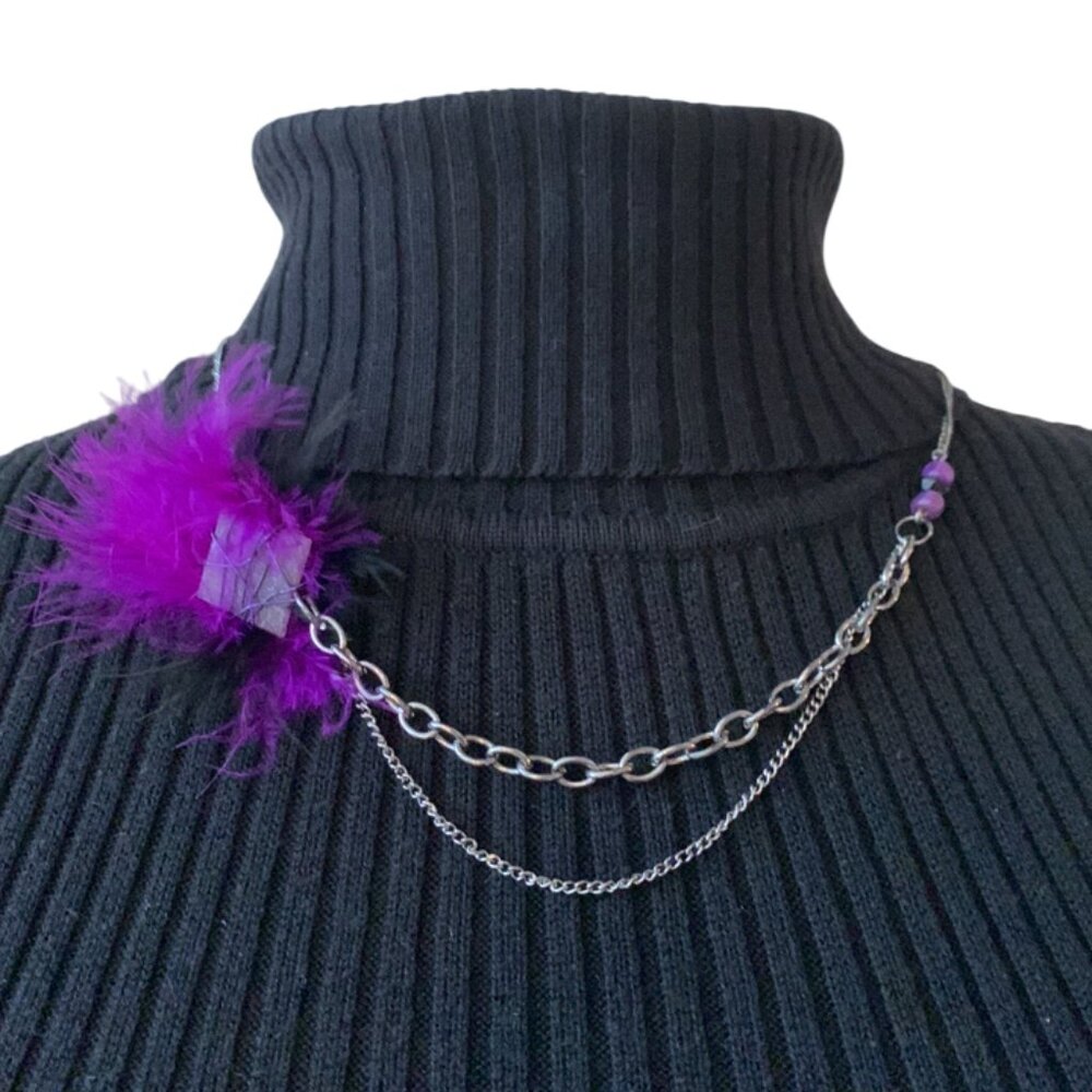 CREATION Asymmetric short necklace Tile & feather beads Purple Black